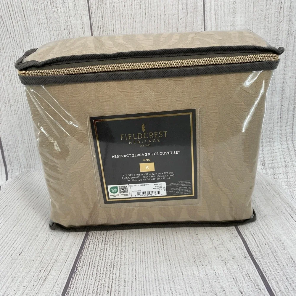 Fieldcrest Heritage Duvet Set King Flax Abstract Zebra Jacquard Textured Safari